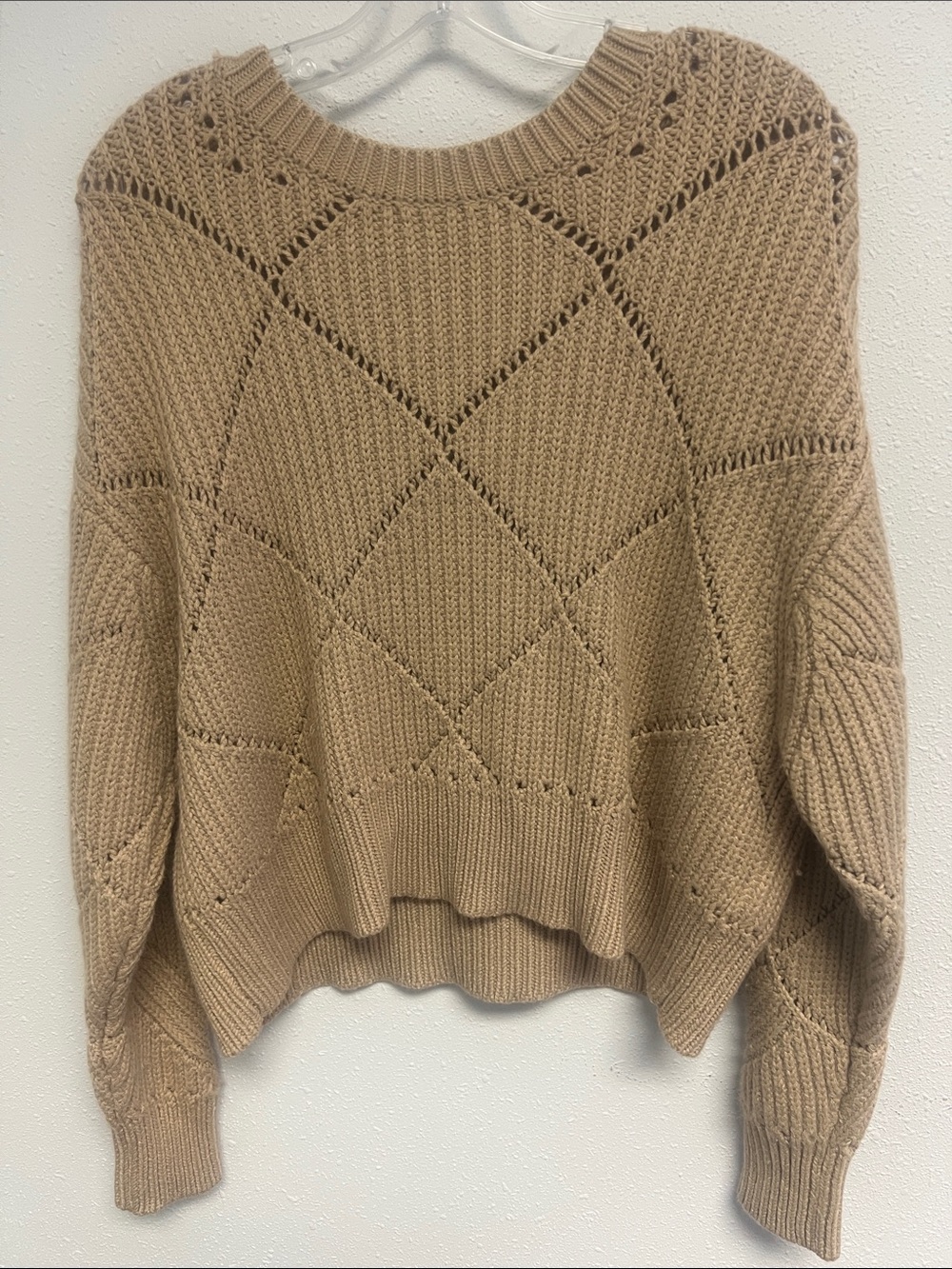 Thakoon Camel Openwork Diamond Knit Crewneck Sweater